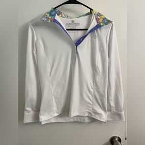 Romfh White Long Sleeve Polo Show Shirt with Multicolor Floral Trim